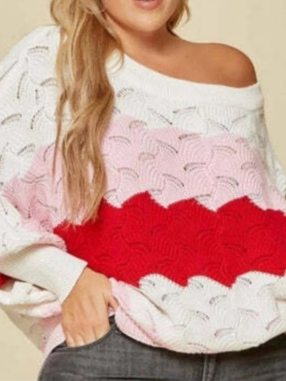 ANDREE BY UNIT White, Pink & Red Colorblock Striped Knit Oversized Sweater (M)